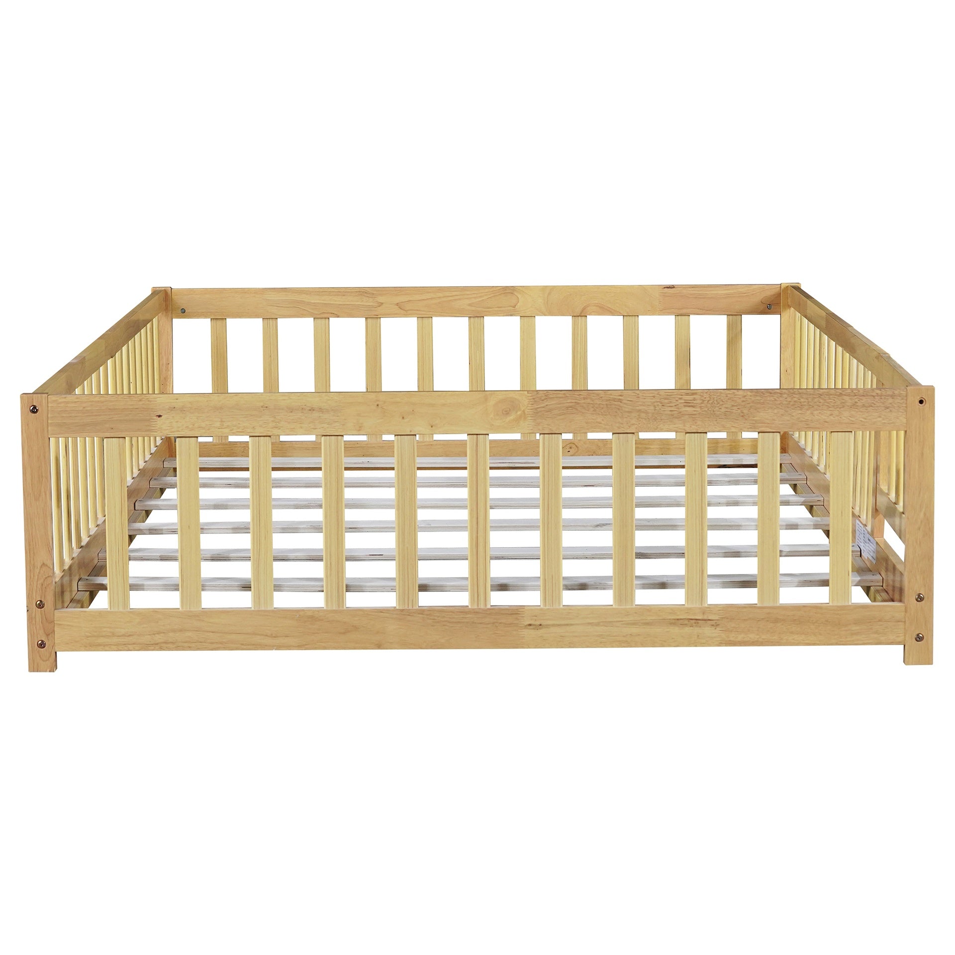 Full Size Floor Bed with Fence and Door,Rubber Wood Floor Bed with Safety Guardrails,Natural