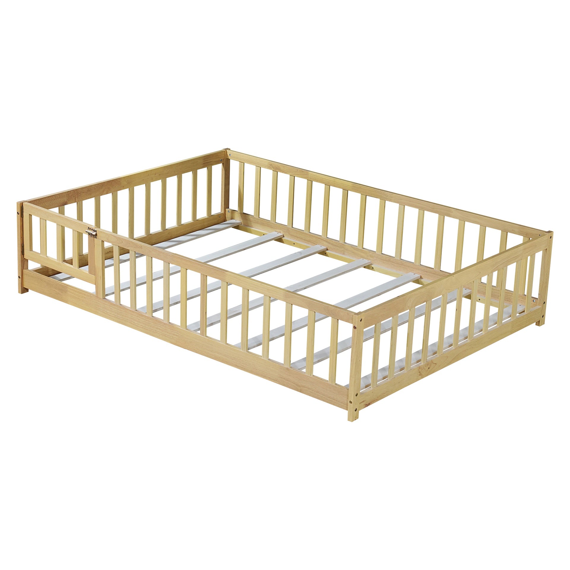 Full Size Floor Bed with Fence and Door,Rubber Wood Floor Bed with Safety Guardrails,Natural