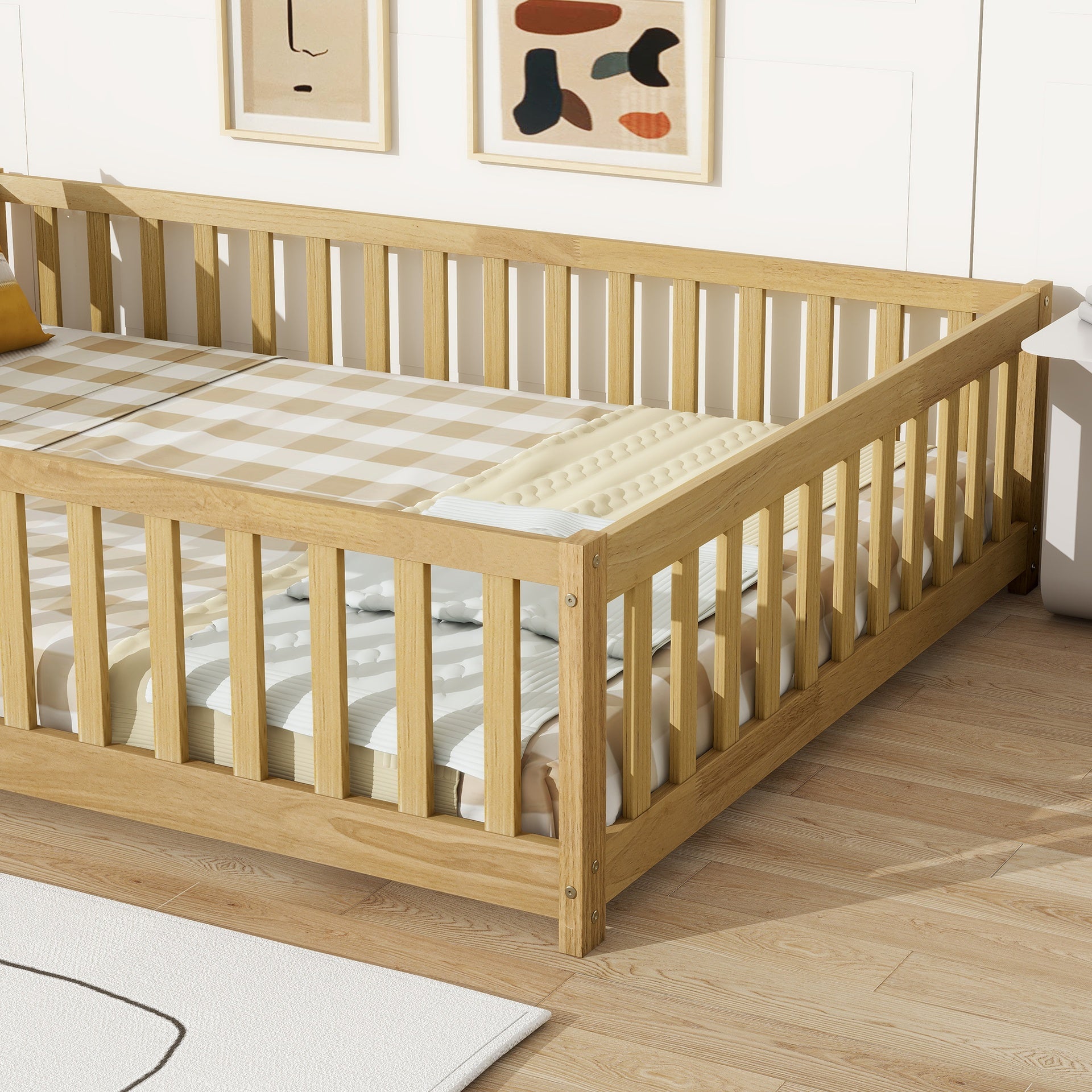 Full Size Floor Bed with Fence and Door,Rubber Wood Floor Bed with Safety Guardrails,Natural