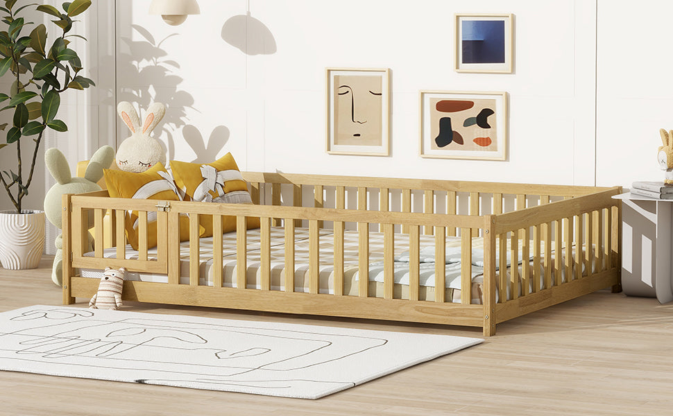 Full Size Floor Bed with Fence and Door,Rubber Wood Floor Bed with Safety Guardrails,Natural