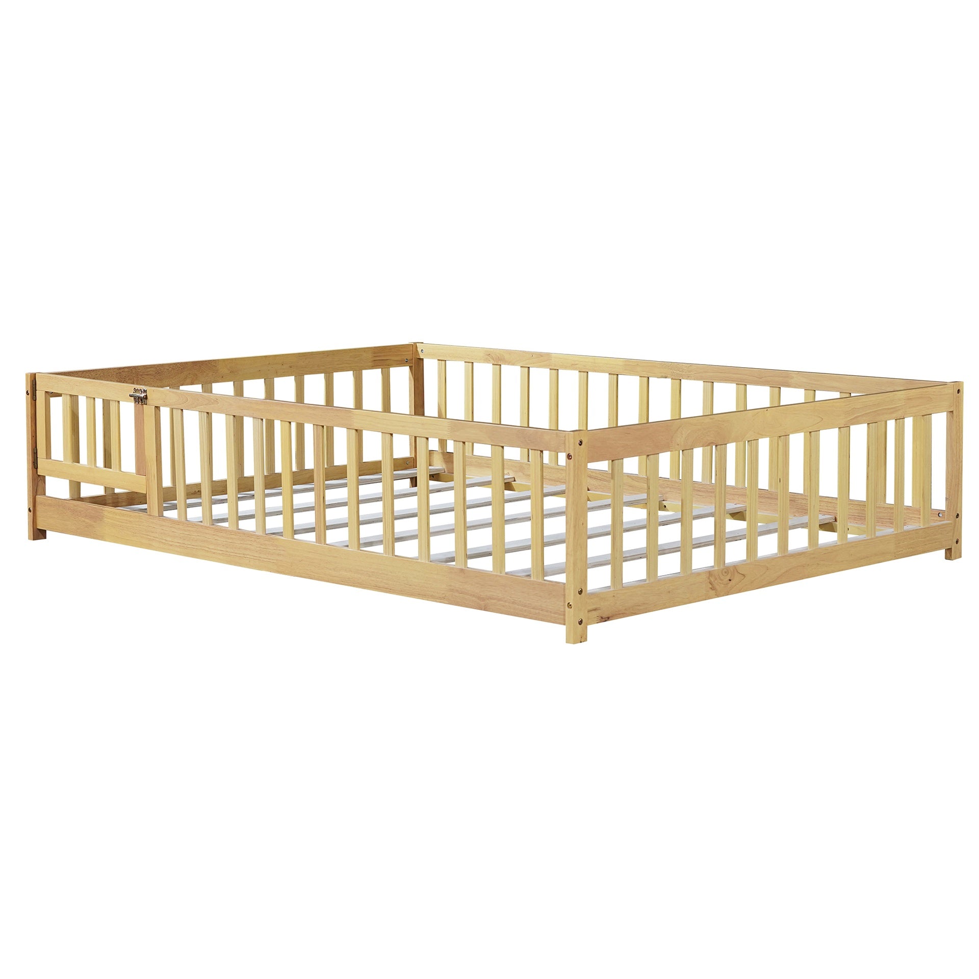 Full Size Floor Bed with Fence and Door,Rubber Wood Floor Bed with Safety Guardrails,Natural