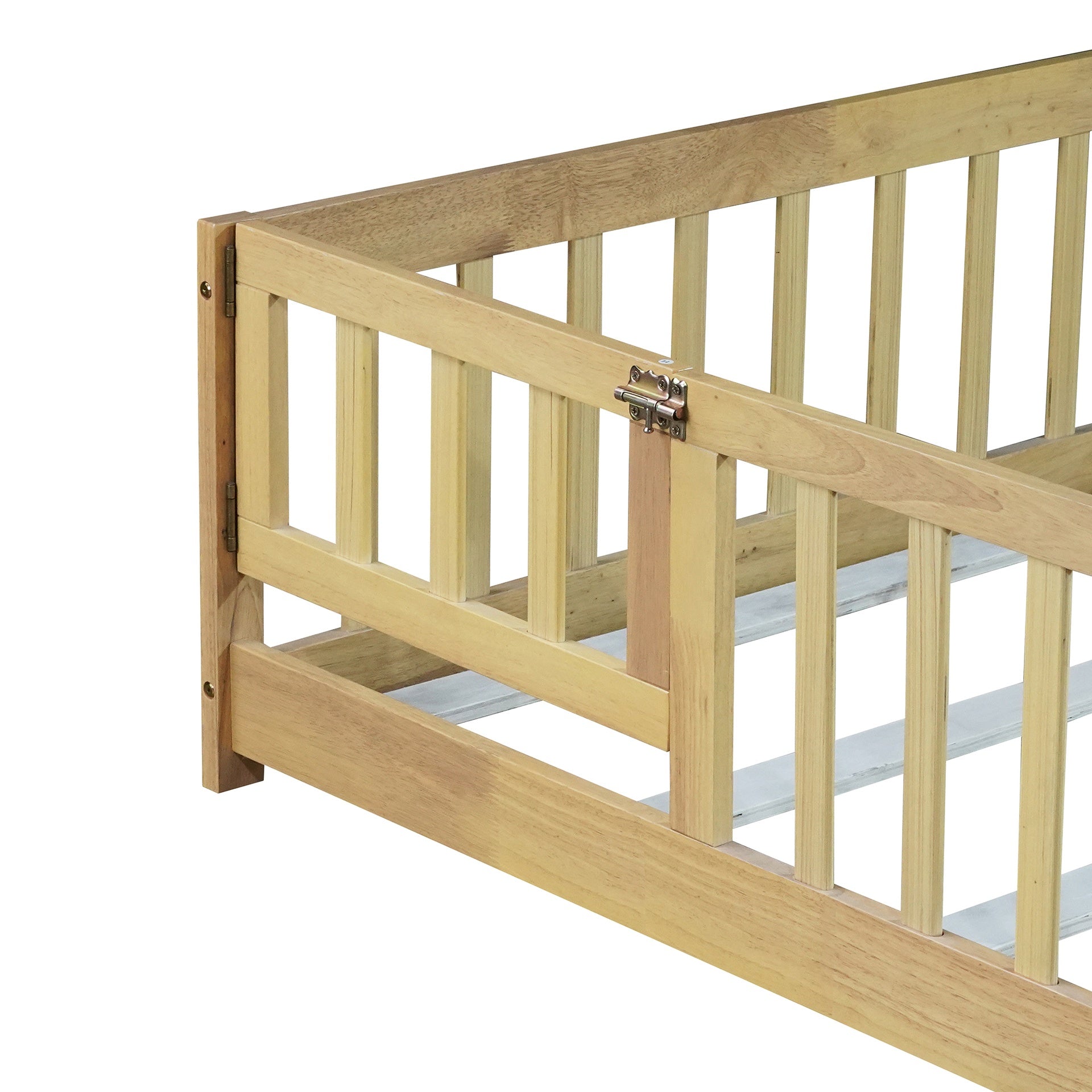 Full Size Floor Bed with Fence and Door,Rubber Wood Floor Bed with Safety Guardrails,Natural