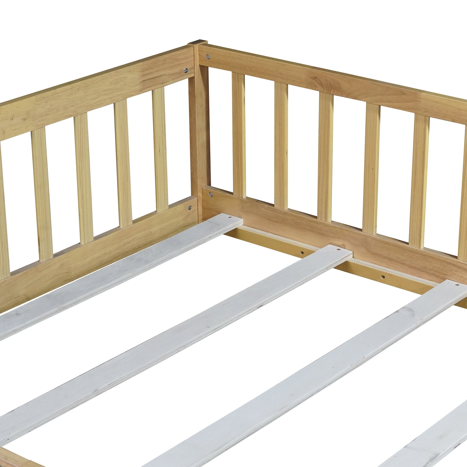 Full Size Floor Bed with Fence and Door,Rubber Wood Floor Bed with Safety Guardrails,Natural