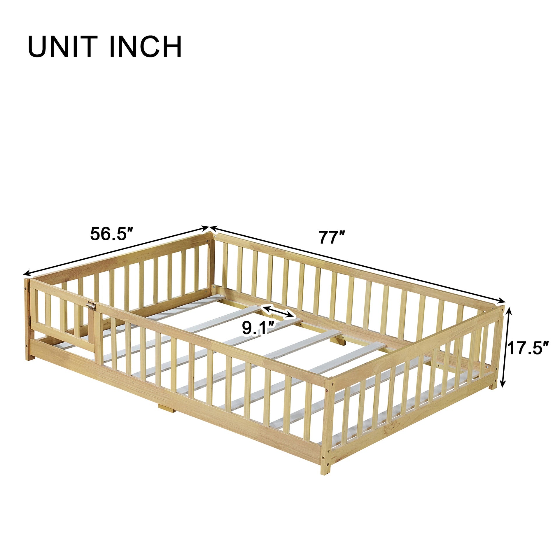 Full Size Floor Bed with Fence and Door,Rubber Wood Floor Bed with Safety Guardrails,Natural