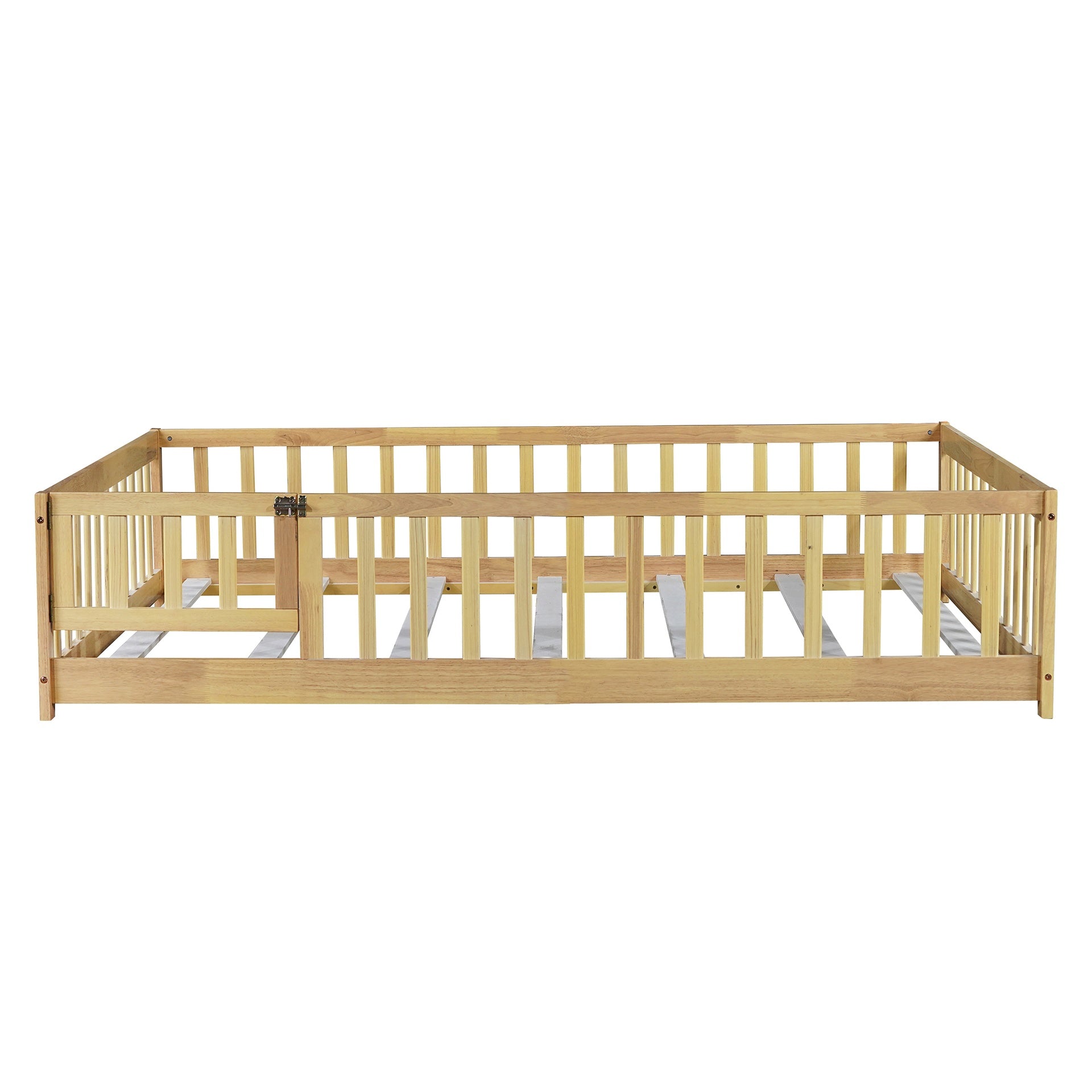 Full Size Floor Bed with Fence and Door,Rubber Wood Floor Bed with Safety Guardrails,Natural