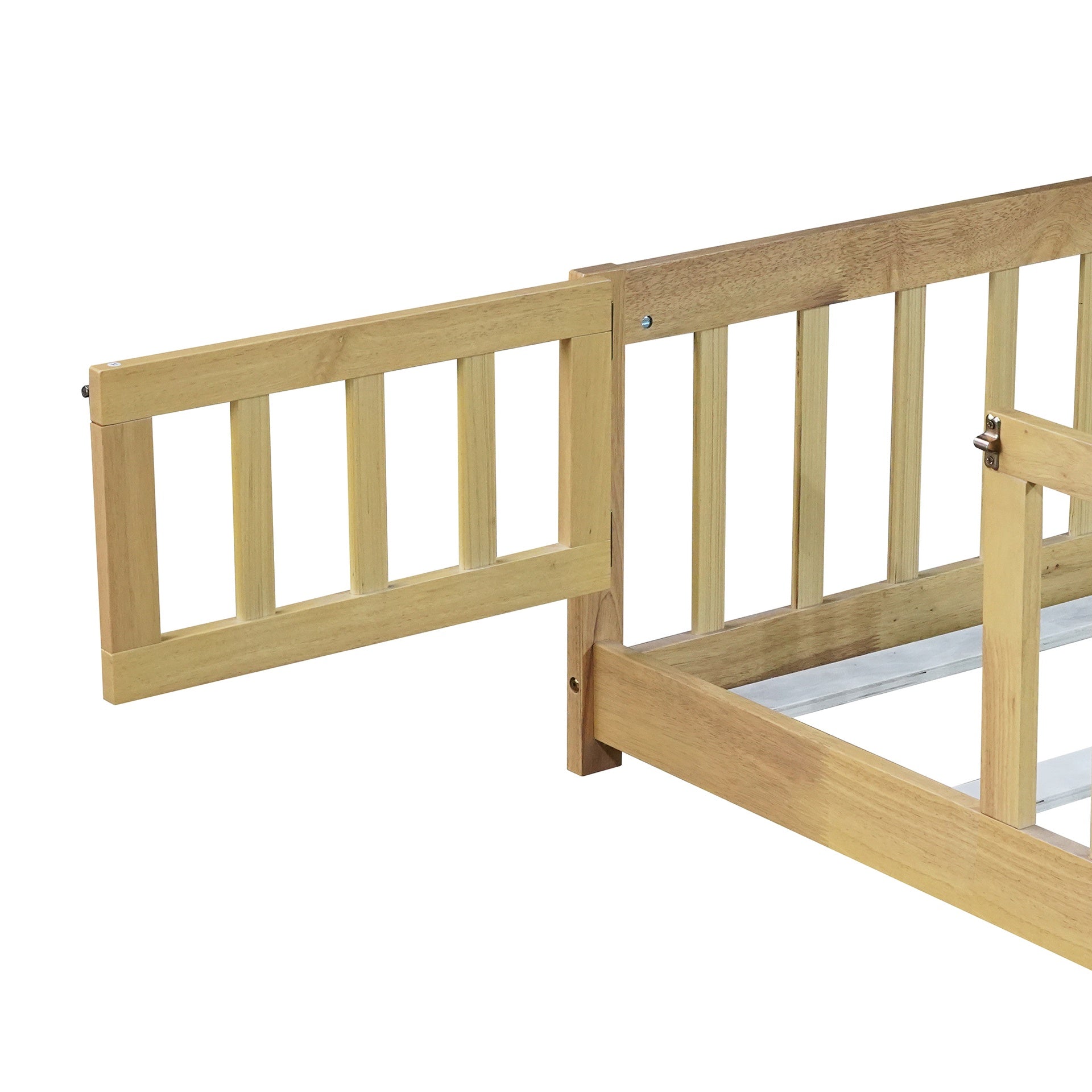 Full Size Floor Bed with Fence and Door,Rubber Wood Floor Bed with Safety Guardrails,Natural