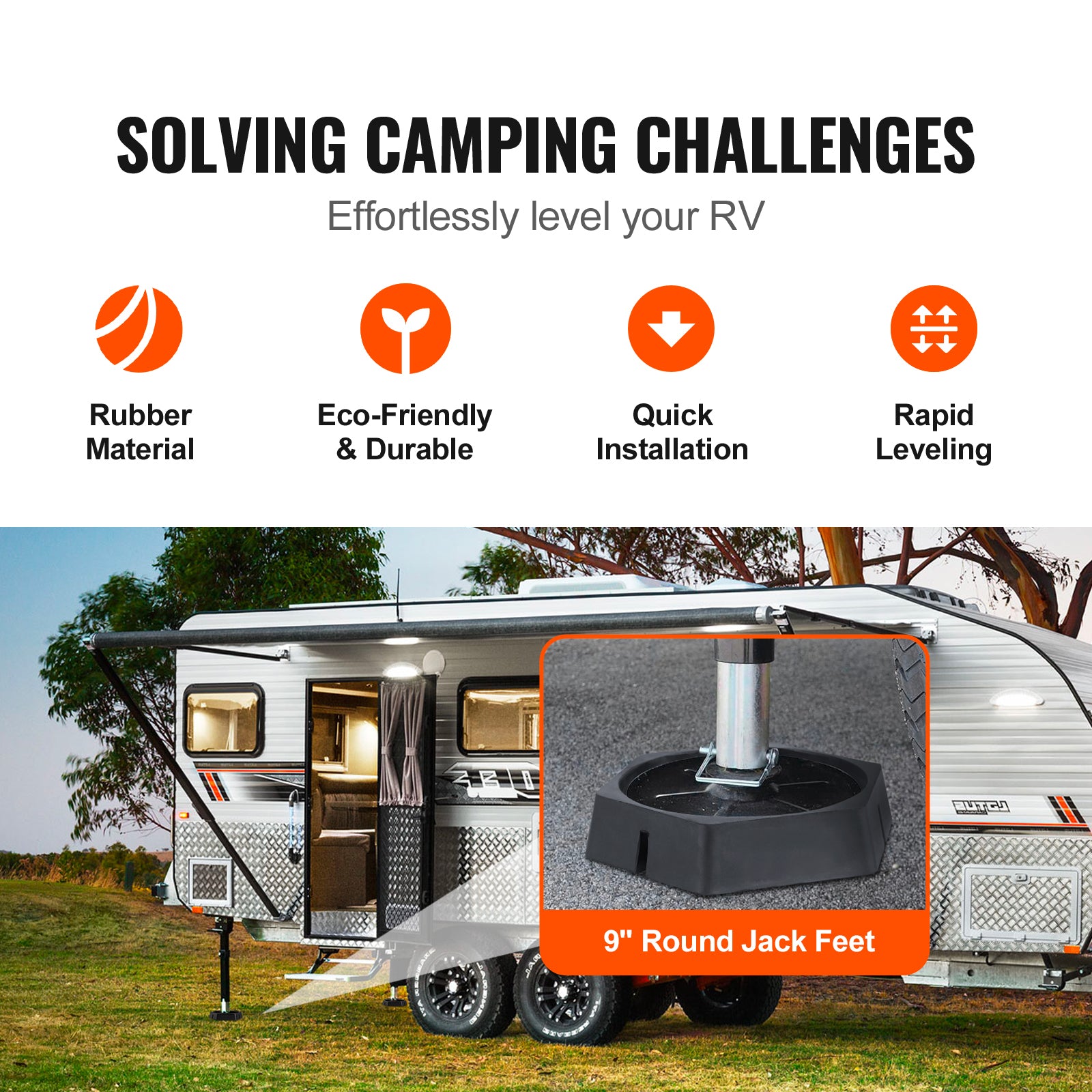 RV Leveling Pads, 9 Inch Round Landing Feet, Permanent Attached Jack Stabilizers, Rubber Jack Pads, 5000 lbs Capacity per RV Jack Pad, 5th Wheels, Travel Trailers, Class A/C Motorhomes (4-Pack)