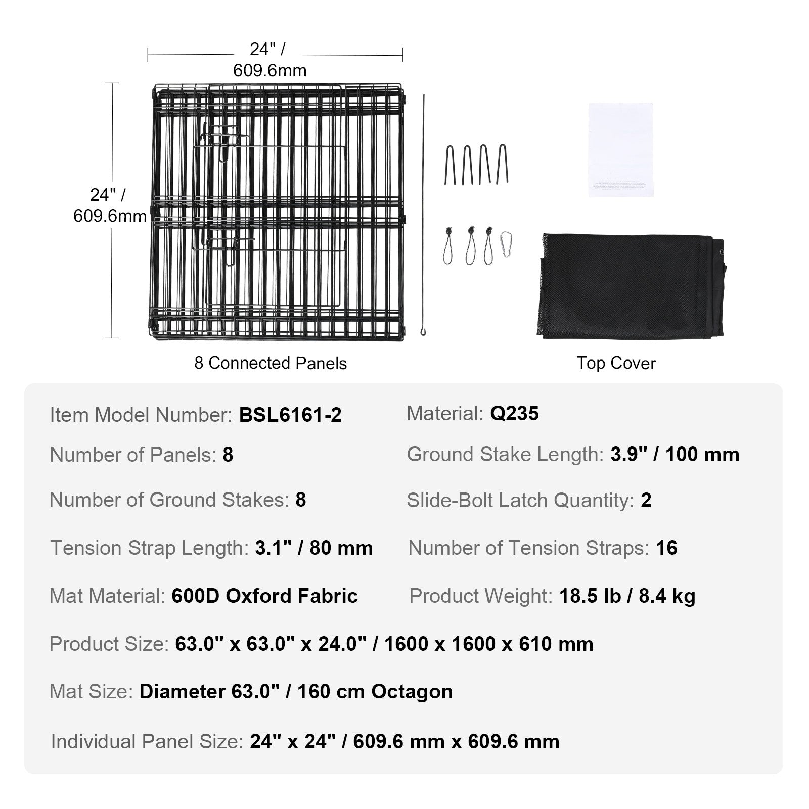 Dog Playpen, 8 Panels Foldable Metal Dog Exercise Pen with Top Cover, 24" H Pet Fence Puppy Crate Kennel with Ground Stakes, Indoor Outdoor Dog Pen for Small Medium Pets, for Camping, Yard