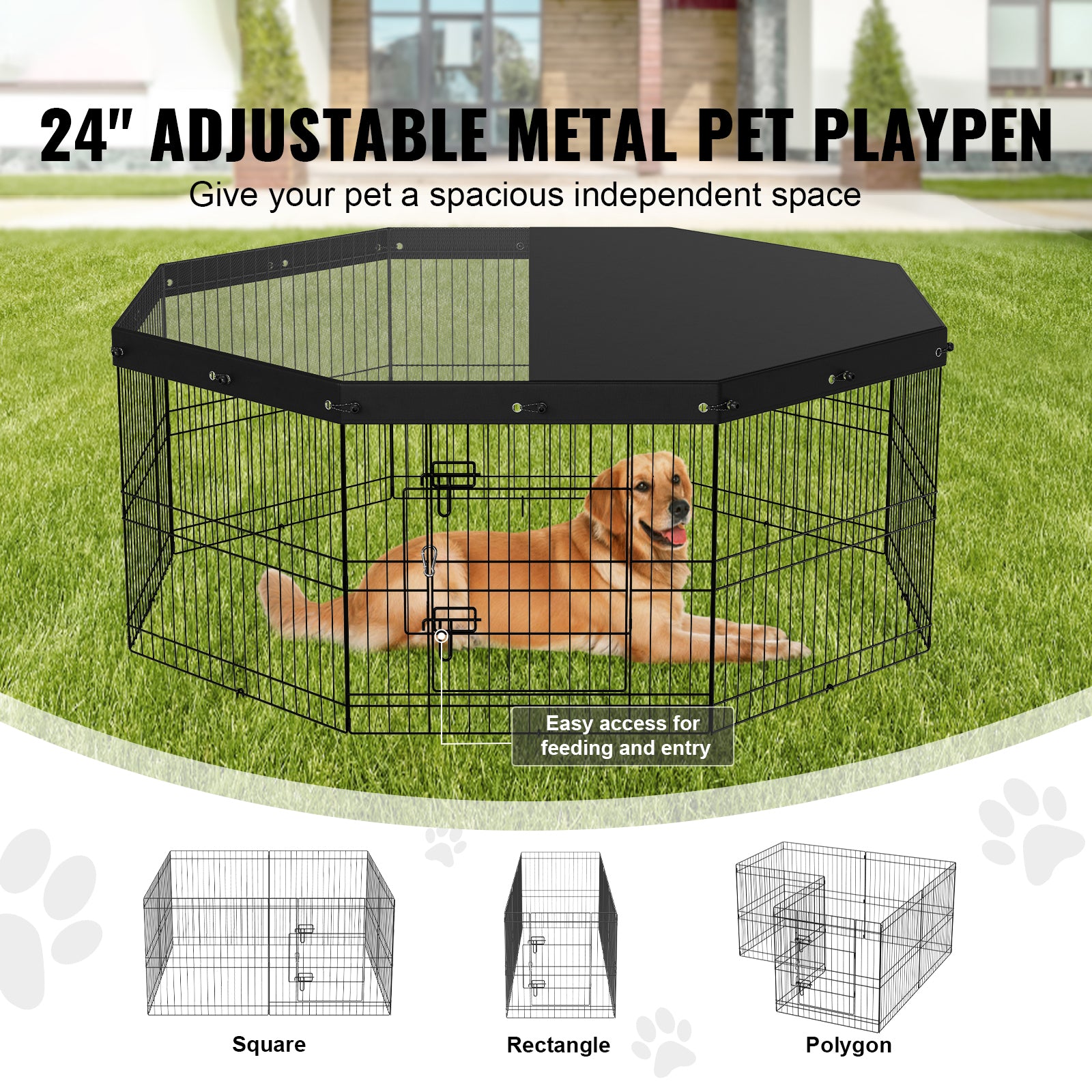 Dog Playpen, 8 Panels Foldable Metal Dog Exercise Pen with Top Cover, 24" H Pet Fence Puppy Crate Kennel with Ground Stakes, Indoor Outdoor Dog Pen for Small Medium Pets, for Camping, Yard
