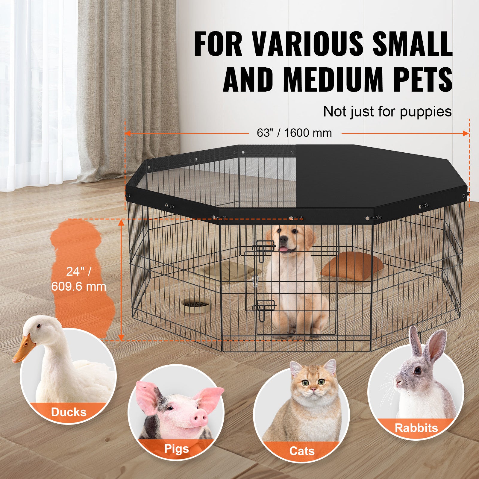 Dog Playpen, 8 Panels Foldable Metal Dog Exercise Pen with Top Cover, 24" H Pet Fence Puppy Crate Kennel with Ground Stakes, Indoor Outdoor Dog Pen for Small Medium Pets, for Camping, Yard