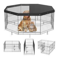 Dog Playpen, 8 Panels Foldable Metal Dog Exercise Pen with Top Cover, 24" H Pet Fence Puppy Crate Kennel with Ground Stakes, Indoor Outdoor Dog Pen for Small Medium Pets, for Camping, Yard