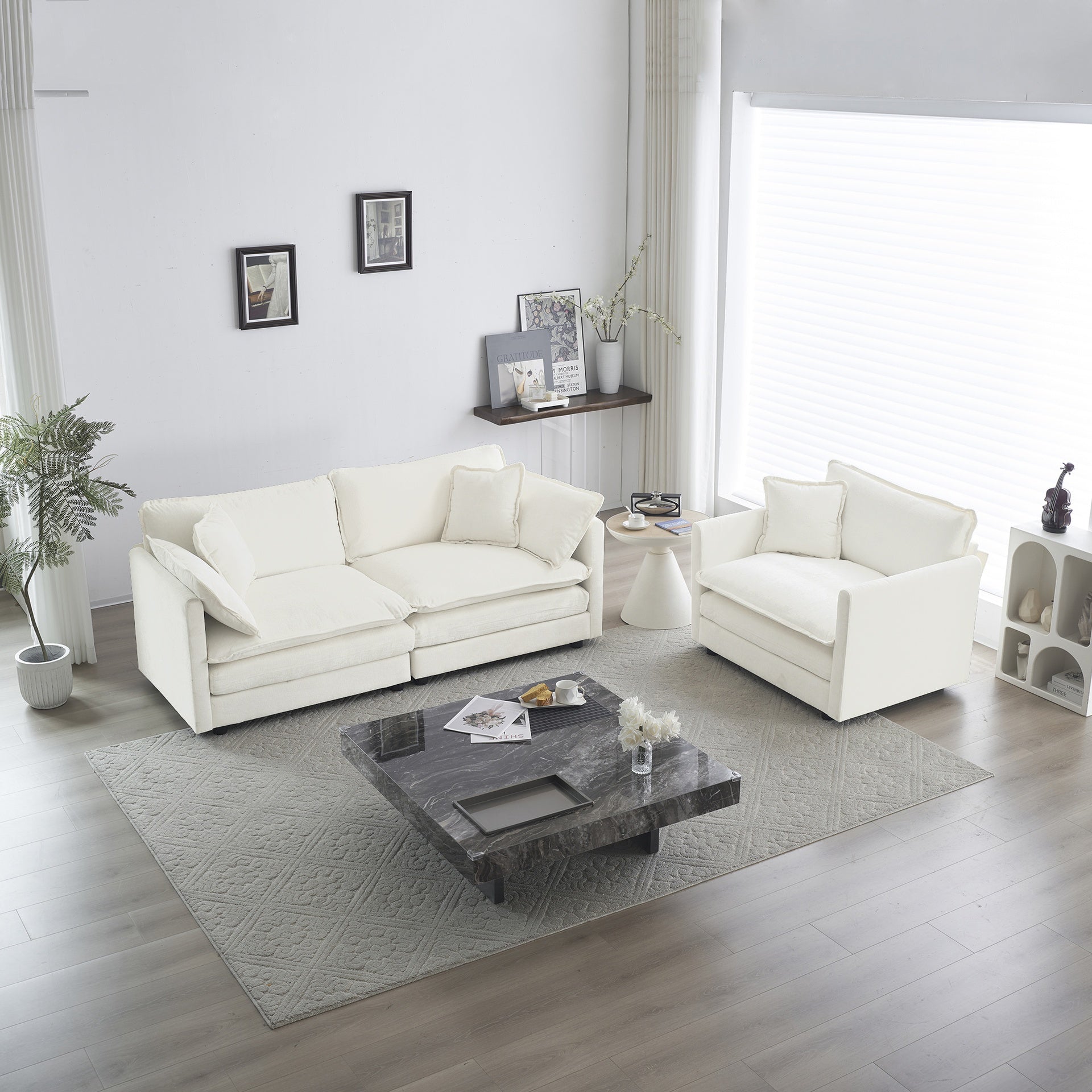 2 Seater Loveseat and Chair Set, 2 Piece Sofa & Chair Set, Loveseat and Accent Chair , 2-Piece Upholstered Chenille Sofa Living Room Couch Furniture(1+2 Seat ) ,White Chenille