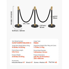 Stanchions and Velvet Ropes, 6 Pcs Crowd Control Barriers with 4 Black Velvet Ropes, Stainless Steel Stanchion Post Queue with Sand Injection Hollow Base for Theater, Wedding, Party Supplies