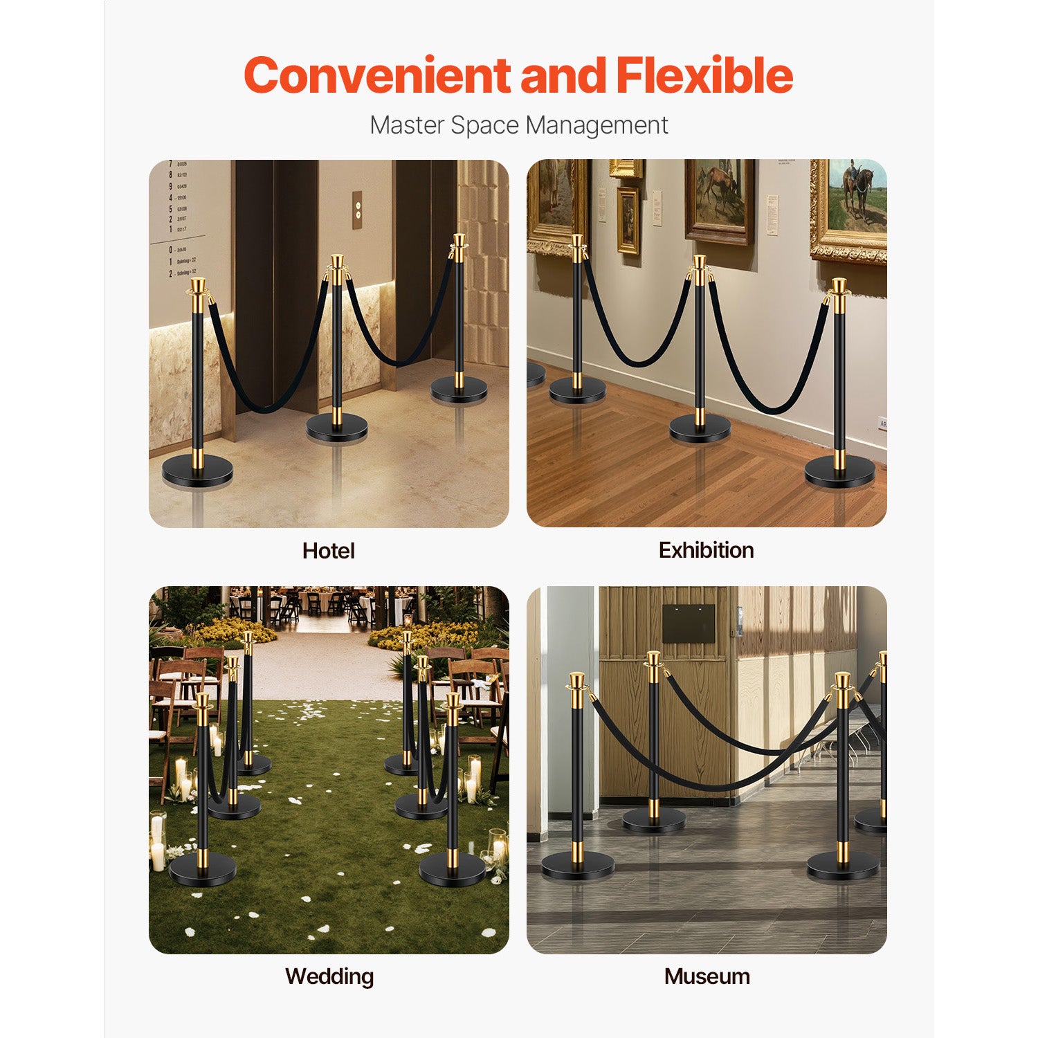 Stanchions and Velvet Ropes, 6 Pcs Crowd Control Barriers with 4 Black Velvet Ropes, Stainless Steel Stanchion Post Queue with Sand Injection Hollow Base for Theater, Wedding, Party Supplies