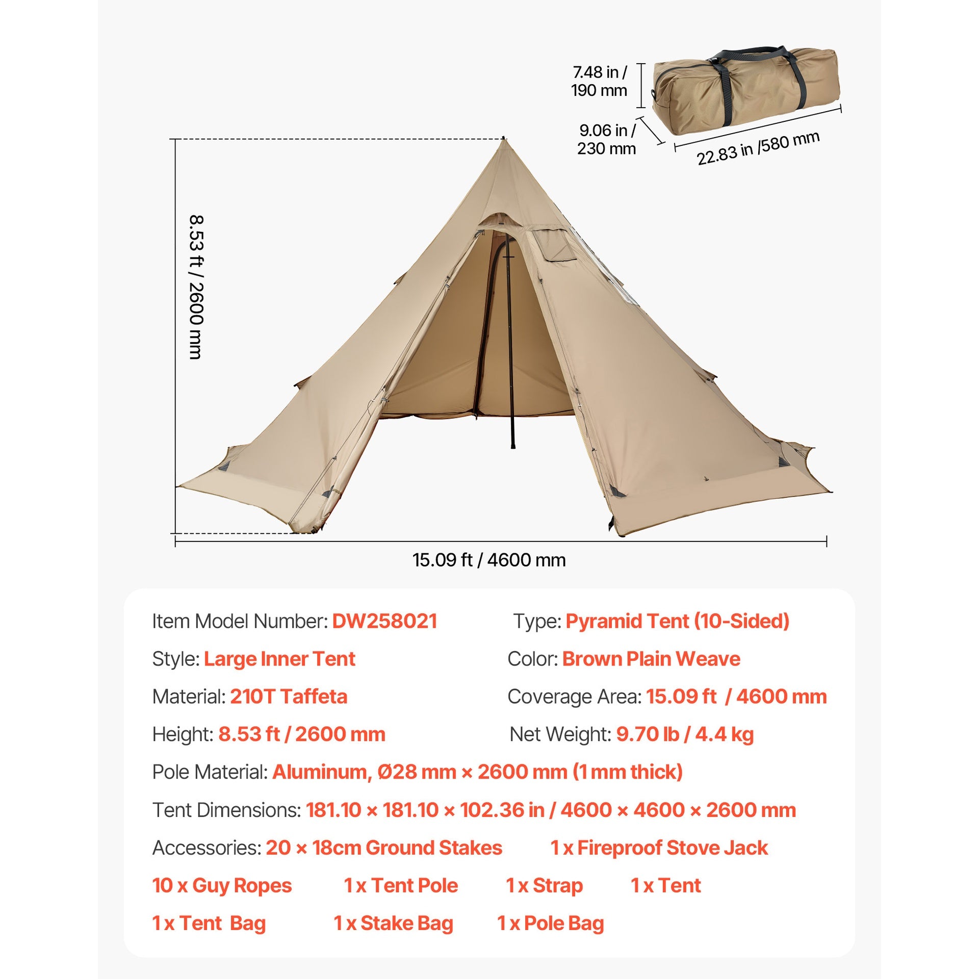 Hot Tent for 4-6 Persons, Portable Winter Tipi Tent with Stove Jack, Waterproof Canvas Camping Tents, Lightweight 4 Season Shelter Tents for Hiking Fishing Backpacking, L Size
