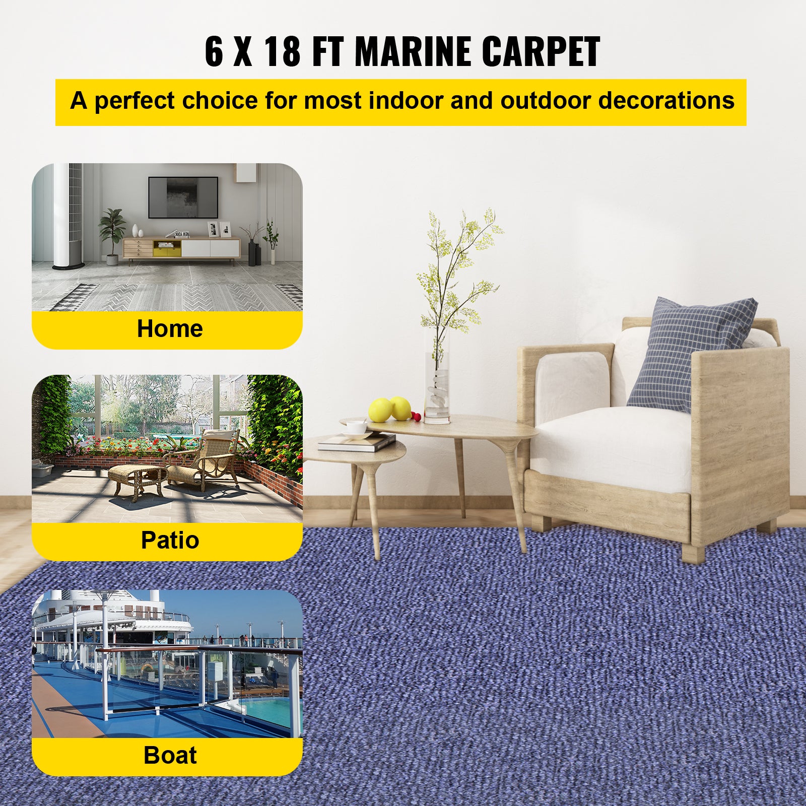 Deep Blue Marine Carpet 6 ft x 18 ft Marine Carpeting Marine Grade Carpet for Boats with Waterproof Back Outdoor Rug for Patio Porch Deck Garage Outdoor Area Rug Runner Anti-Slide Porch Rug