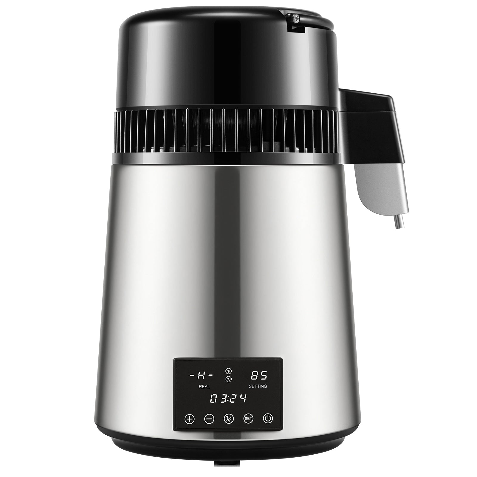 1.1Gal Water Distiller, 0.3Gal/H, 750W Distilled Water Maker Machine 0-99H Timing Dual Temp Display, 304 Stainless Steel Countertop Distiller Glass Carafe Cleaning Powder 3 Carbon Packs, Silver