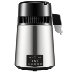 1.1Gal Water Distiller, 0.3Gal/H, 750W Distilled Water Maker Machine 0-99H Timing Dual Temp Display, 304 Stainless Steel Countertop Distiller Glass Carafe Cleaning Powder 3 Carbon Packs, Silver