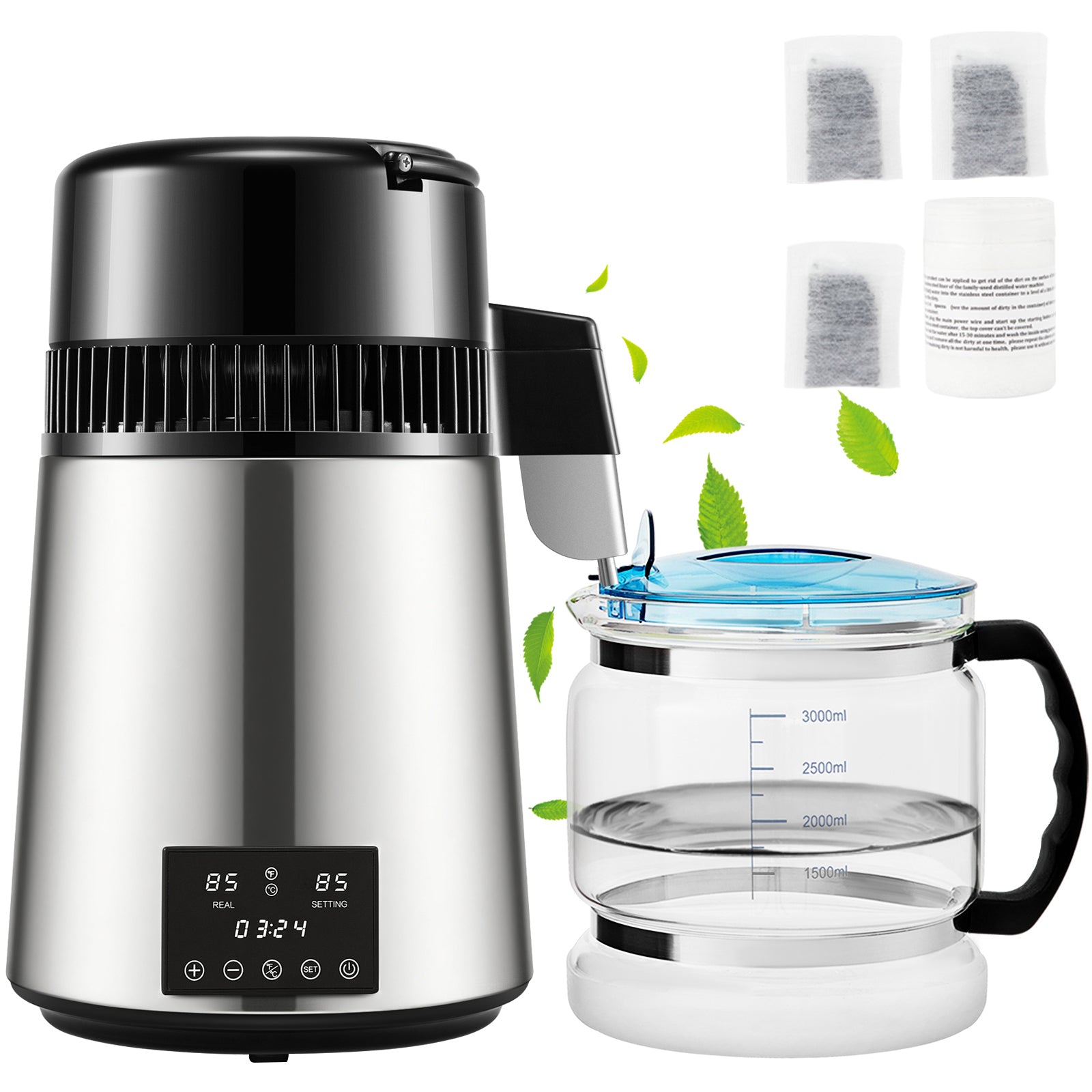 1.1Gal Water Distiller, 0.3Gal/H, 750W Distilled Water Maker Machine 0-99H Timing Dual Temp Display, 304 Stainless Steel Countertop Distiller Glass Carafe Cleaning Powder 3 Carbon Packs, Silver
