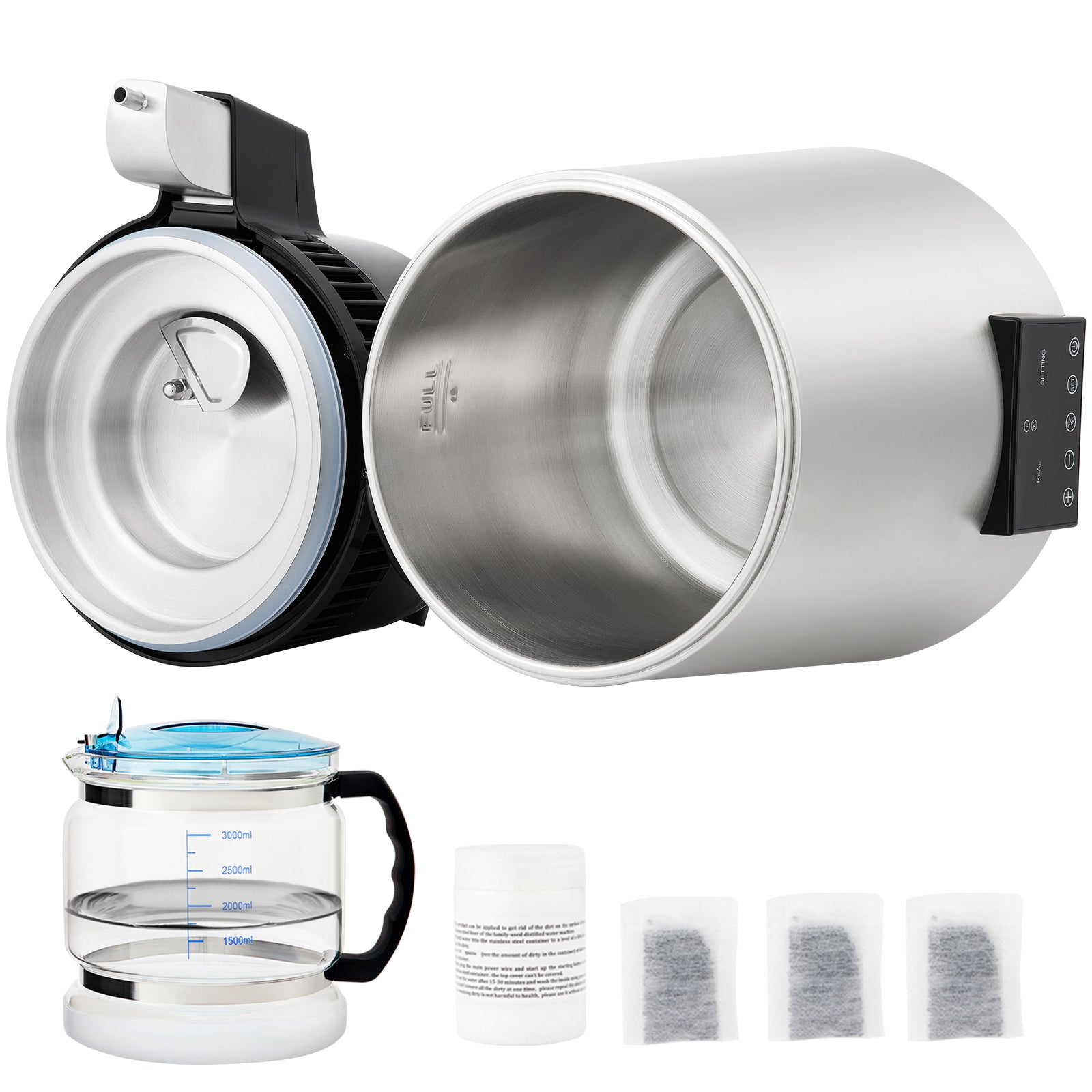 1.1Gal Water Distiller, 0.3Gal/H, 750W Distilled Water Maker Machine 0-99H Timing Dual Temp Display, 304 Stainless Steel Countertop Distiller Glass Carafe Cleaning Powder 3 Carbon Packs, Silver