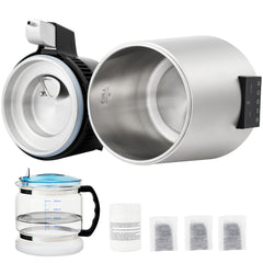 1.1Gal Water Distiller, 0.3Gal/H, 750W Distilled Water Maker Machine 0-99H Timing Dual Temp Display, 304 Stainless Steel Countertop Distiller Glass Carafe Cleaning Powder 3 Carbon Packs, Silver