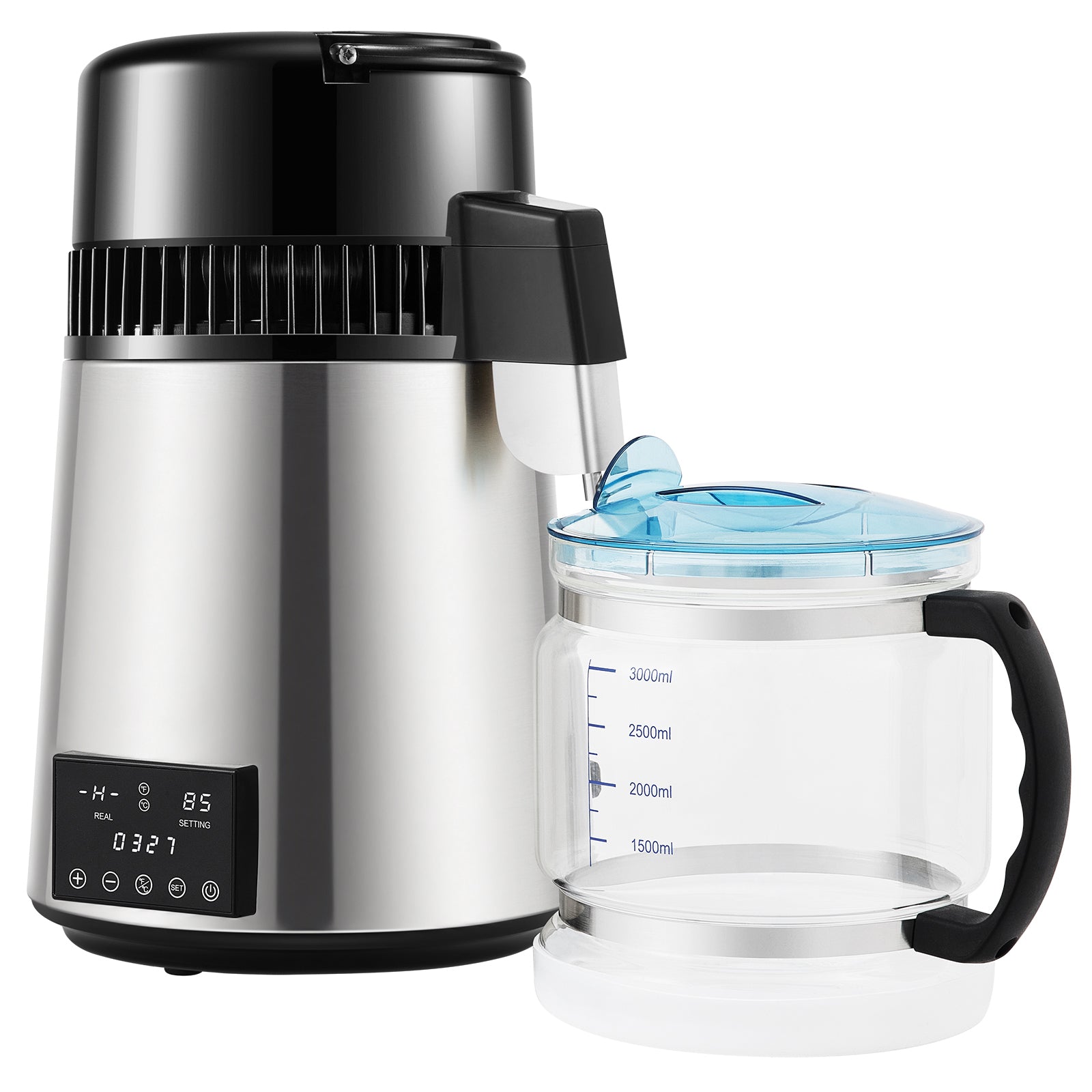 1.1Gal Water Distiller, 0.3Gal/H, 750W Distilled Water Maker Machine 0-99H Timing Dual Temp Display, 304 Stainless Steel Countertop Distiller Glass Carafe Cleaning Powder 3 Carbon Packs, Silver