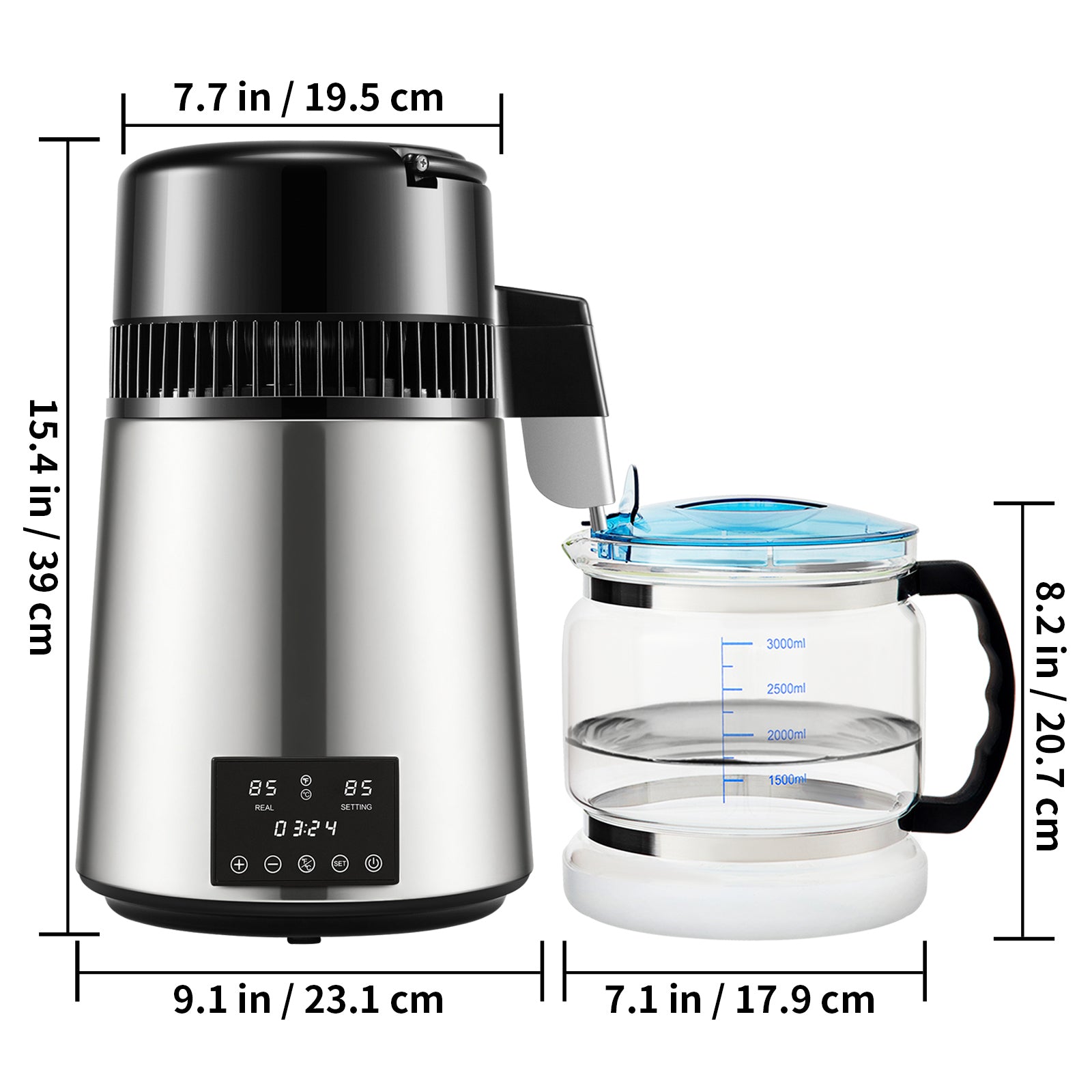 1.1Gal Water Distiller, 0.3Gal/H, 750W Distilled Water Maker Machine 0-99H Timing Dual Temp Display, 304 Stainless Steel Countertop Distiller Glass Carafe Cleaning Powder 3 Carbon Packs, Silver