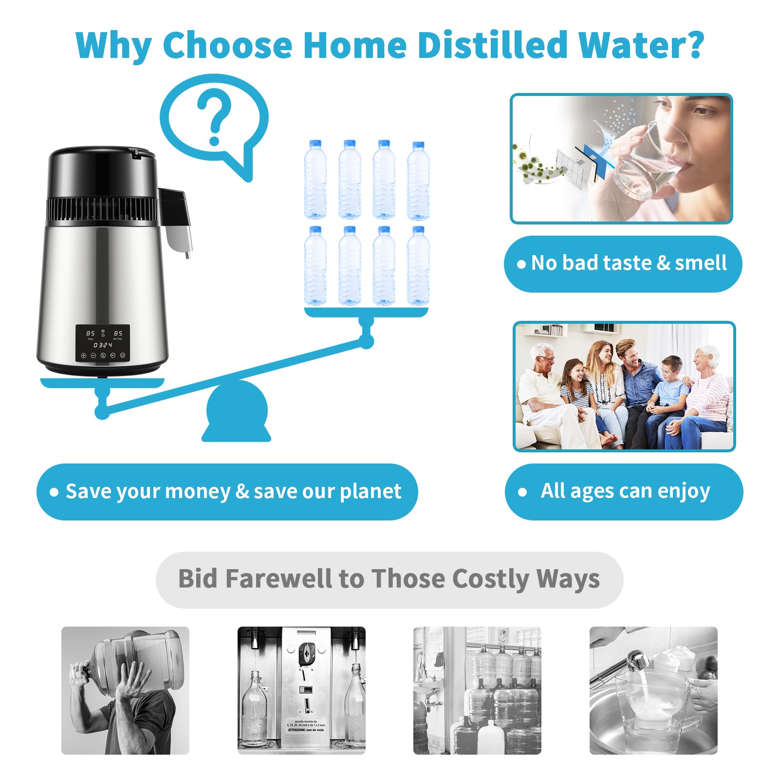 1.1Gal Water Distiller, 0.3Gal/H, 750W Distilled Water Maker Machine 0-99H Timing Dual Temp Display, 304 Stainless Steel Countertop Distiller Glass Carafe Cleaning Powder 3 Carbon Packs, Silver