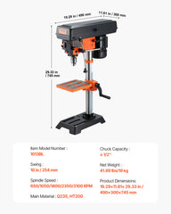 10'' 5-Speed Benchtop Drill Press Cast Iron Drill Press 3.2A 610-2800RPM