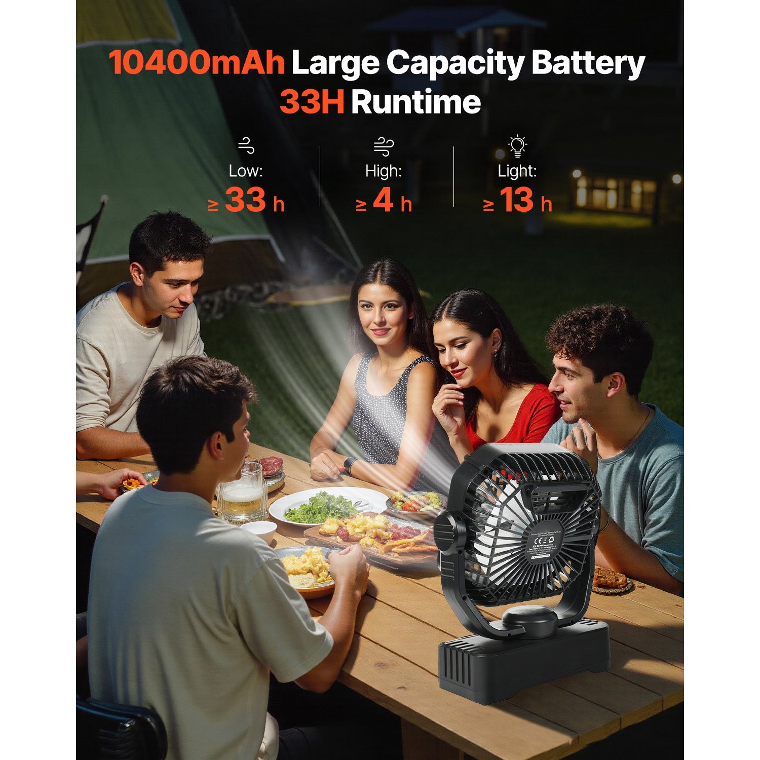 10400mAh Solar Fan Camping Fan with Solar Panel LED Lantern 7W 8 Inch