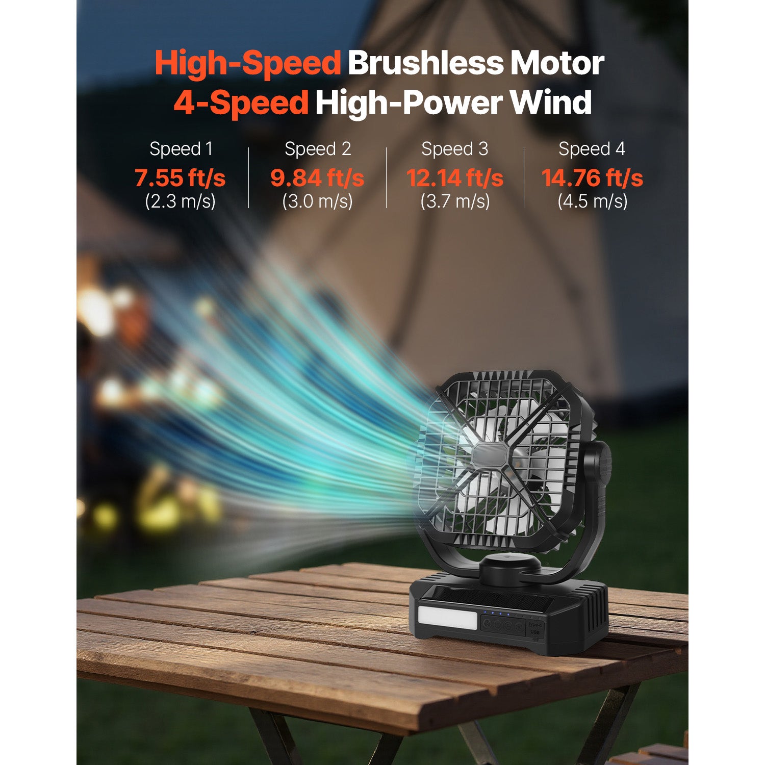 10400mAh Solar Fan Camping Fan with Solar Panel LED Lantern 7W 8 Inch
