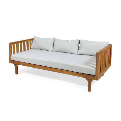 Acacia Wood Patio Furniture Set,Outdoor 3 Seater Daybed(with Water Resistant Thick Cushions)and Round Coffee Table, Light Gray Cushion
