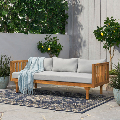 Acacia Wood Patio Furniture Set,Outdoor 3 Seater Daybed(with Water Resistant Thick Cushions)and Round Coffee Table, Light Gray Cushion