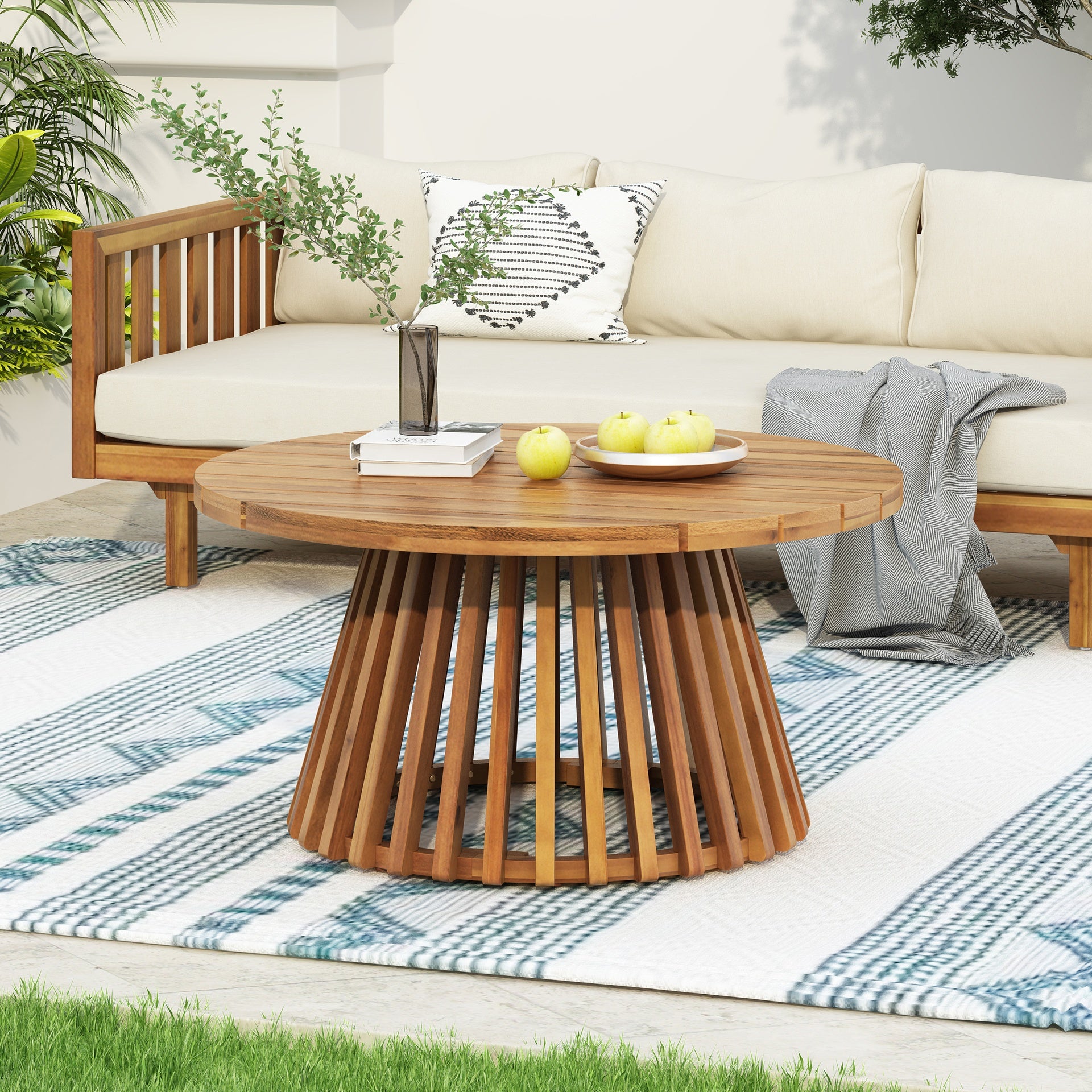 Acacia Wood Patio Furniture Set,Outdoor 3 Seater Daybed(with Water Resistant Thick Cushions)and Round Coffee Table, Light Gray Cushion