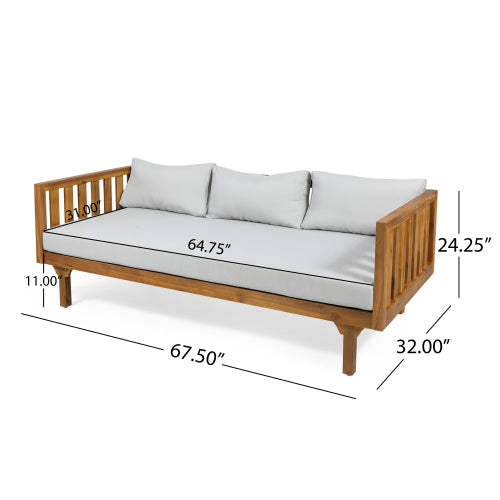 Acacia Wood Patio Furniture Set,Outdoor 3 Seater Daybed(with Water Resistant Thick Cushions)and Round Coffee Table, Light Gray Cushion