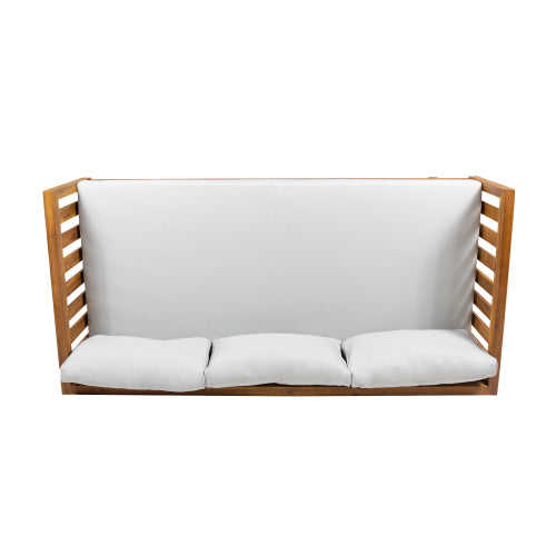 Acacia Wood Patio Furniture Set,Outdoor 3 Seater Daybed(with Water Resistant Thick Cushions)and Round Coffee Table, Light Gray Cushion