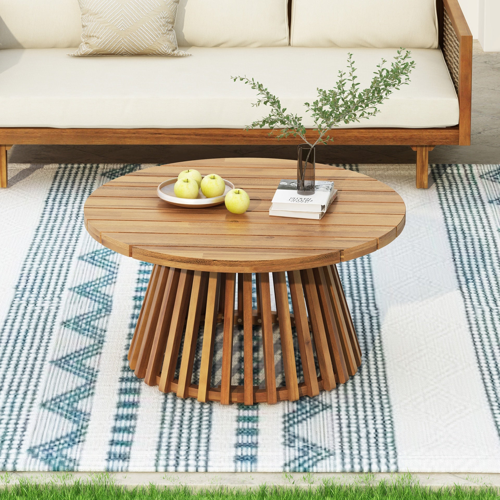Acacia Wood Patio Furniture Set,Outdoor 3 Seater Daybed(with Water Resistant Thick Cushions)and Round Coffee Table, Light Gray Cushion