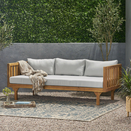 Acacia Wood Patio Furniture Set,Outdoor 3 Seater Daybed(with Water Resistant Thick Cushions)and Round Coffee Table, Light Gray Cushion