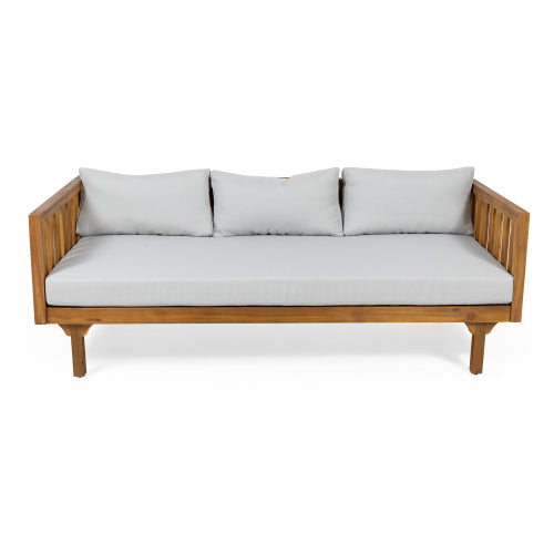 Acacia Wood Patio Furniture Set,Outdoor 3 Seater Daybed(with Water Resistant Thick Cushions)and Round Coffee Table, Light Gray Cushion