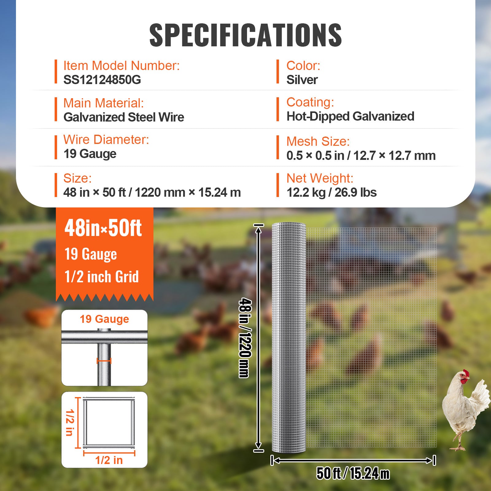 Hardware Cloth, 1/2 inch 48in x 50 ft 19 Gauge, Hot Dipped Galvanized Wire Mesh Roll, Chicken Wire Fencing, Wire Mesh for Rabbit Cages, Garden, Small Rodents