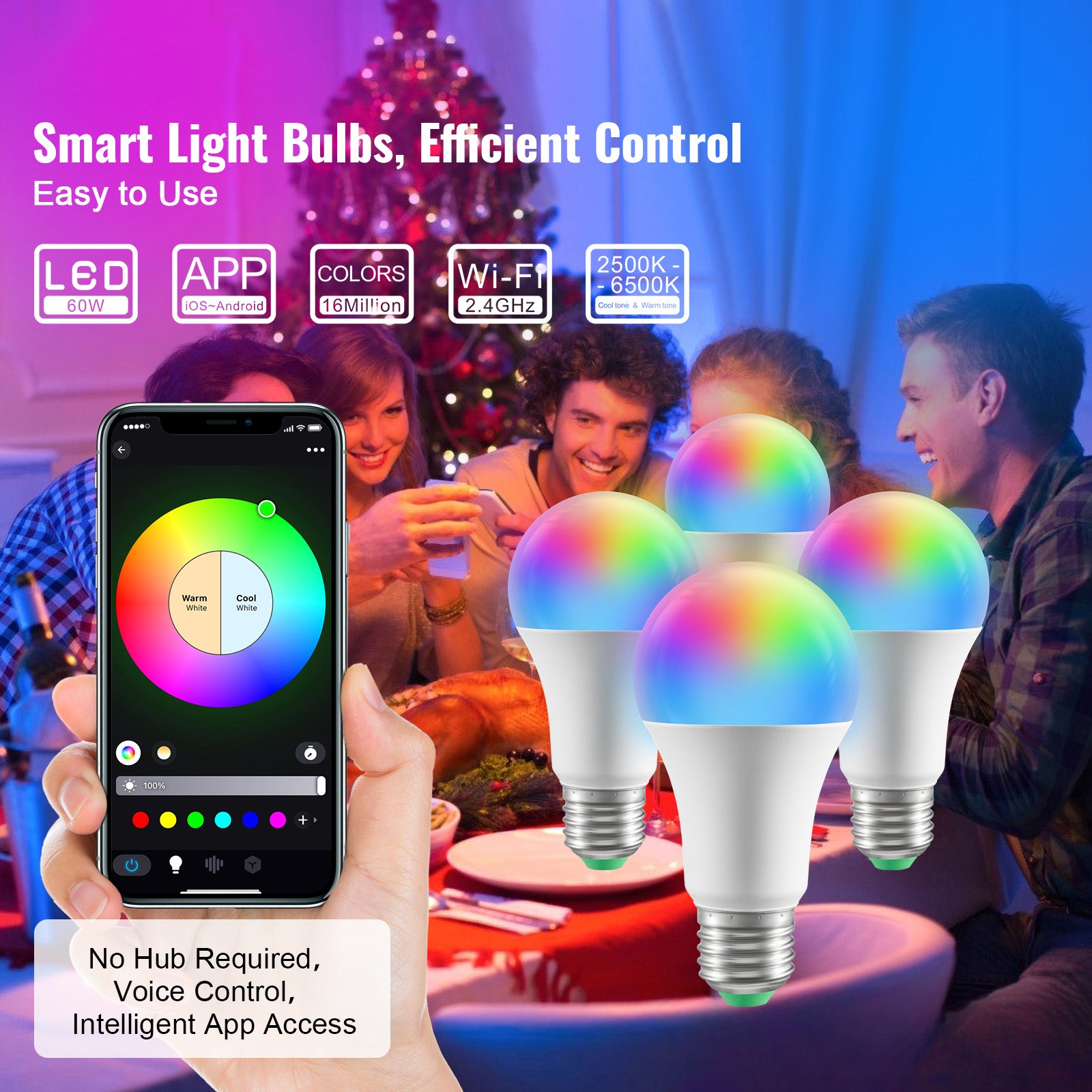 Smart Light Bulbs, 4-Pack, 9W Multicolor LED Bulbs, 800 Lumens with Smart Control Compatibility for Vera, Google Assistant, Amazon Alexa, iOS, Android, RGB Color Changing