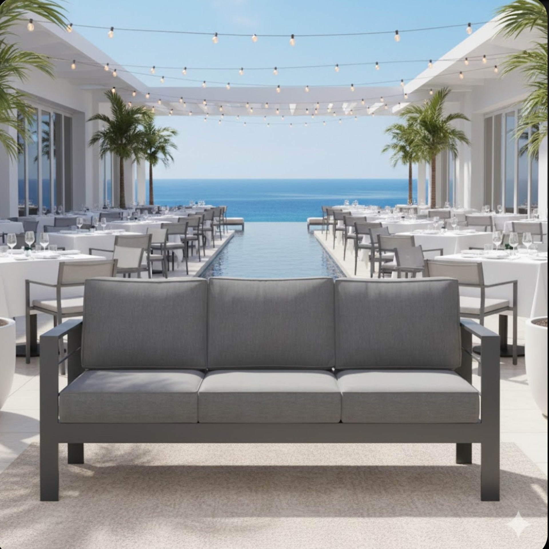73" All-Weather Aluminum Patio Sofa, 3 Seat Outdoor Couch with  Thick Dark Gray Cushions & Gray Frame