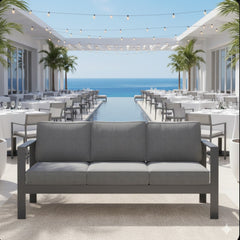 73" All-Weather Aluminum Patio Sofa, 3 Seat Outdoor Couch with  Thick Dark Gray Cushions & Gray Frame