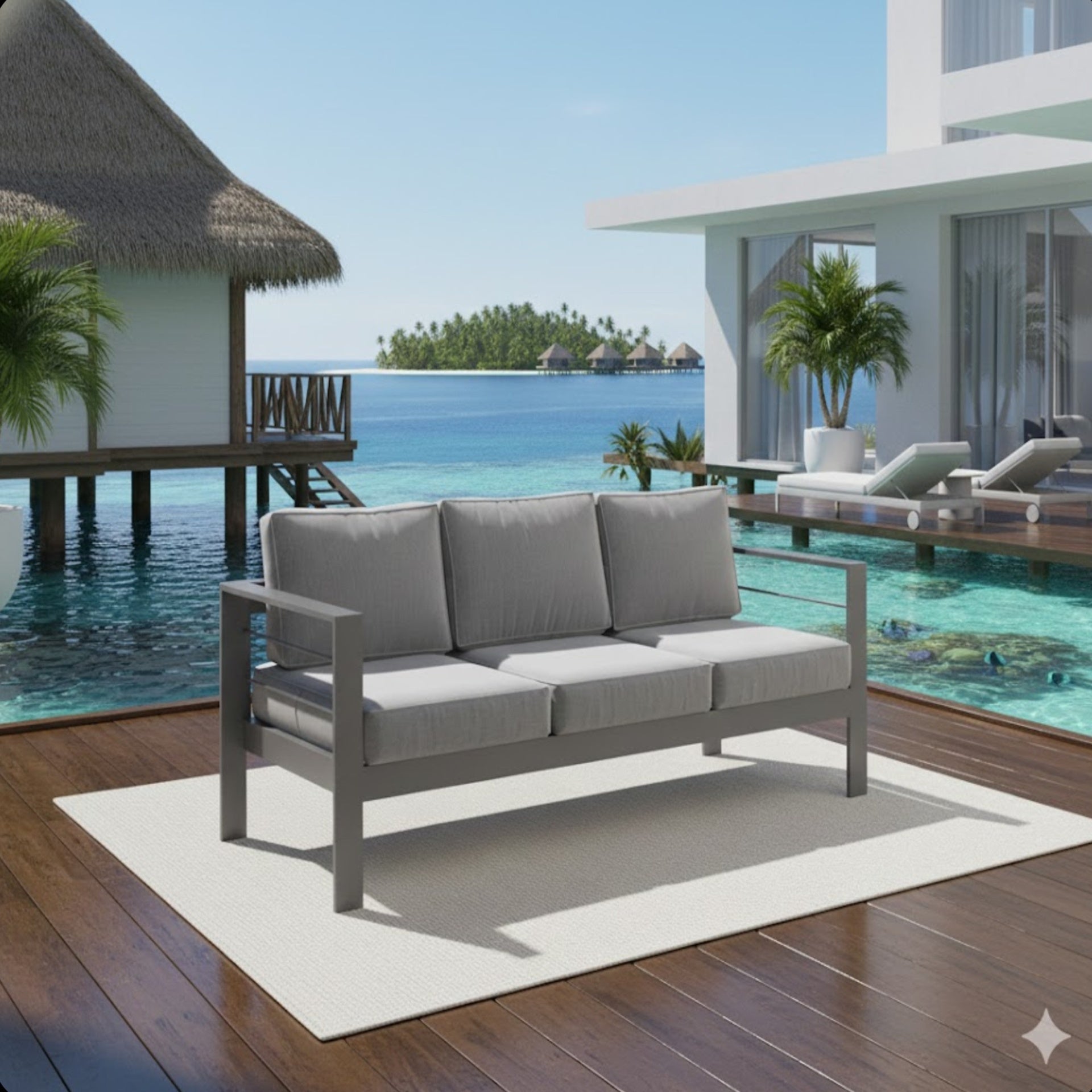 73" All-Weather Aluminum Patio Sofa, 3 Seat Outdoor Couch with  Thick Dark Gray Cushions & Gray Frame