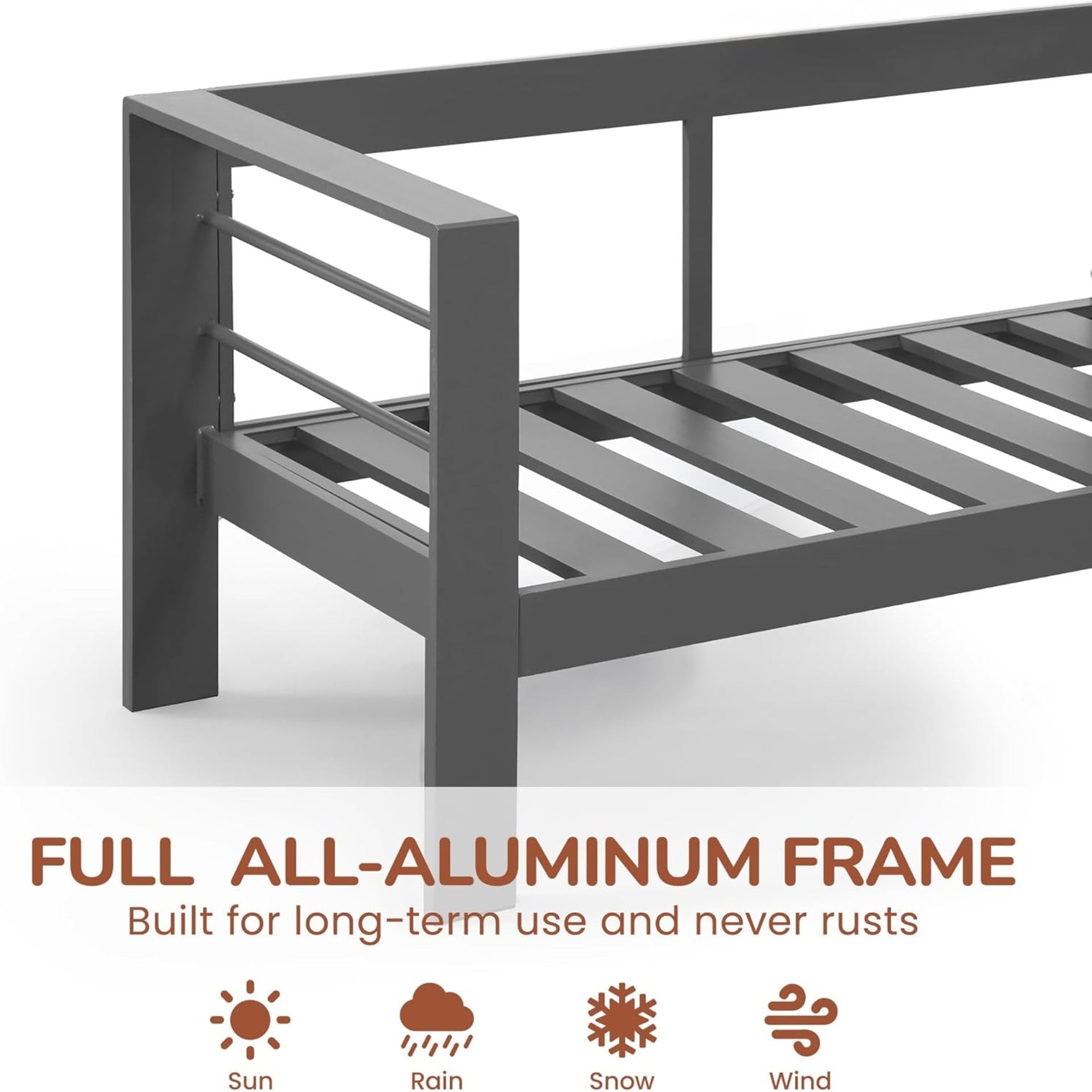 73" All-Weather Aluminum Patio Sofa, 3 Seat Outdoor Couch with  Thick Dark Gray Cushions & Gray Frame