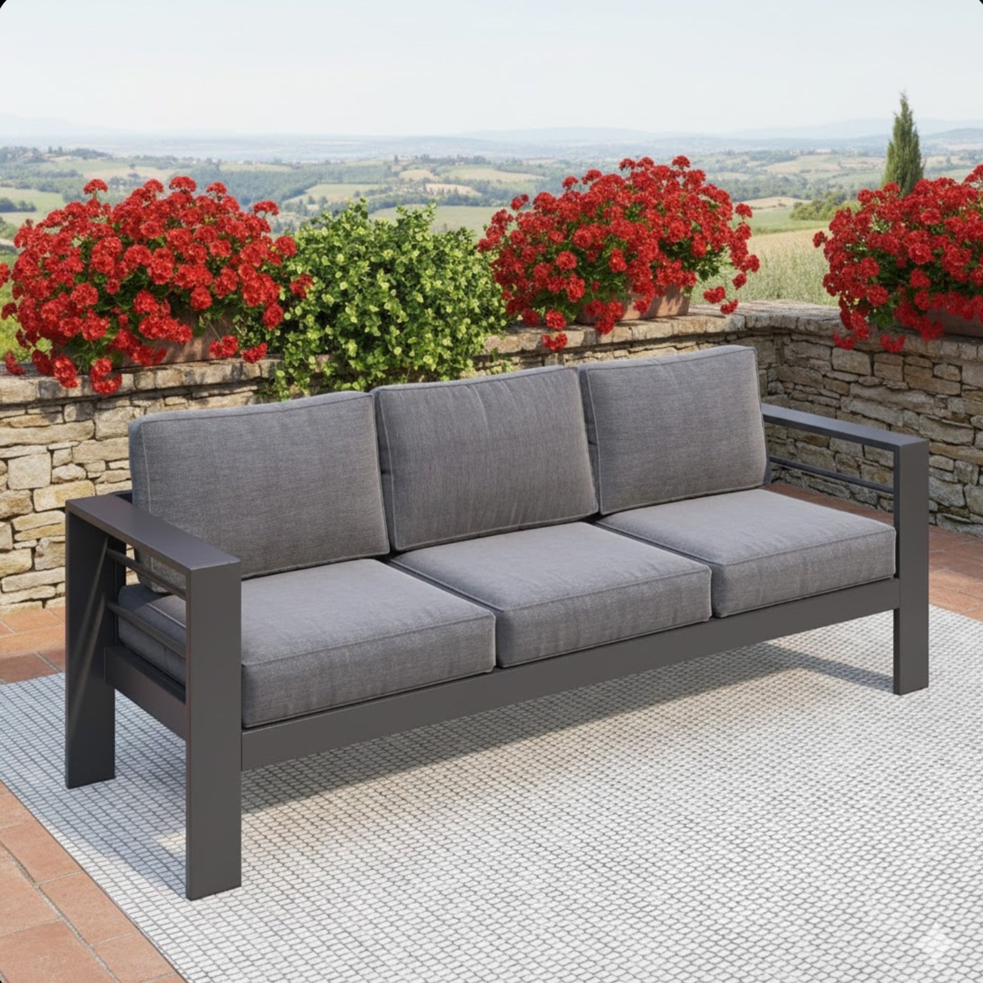 73" All-Weather Aluminum Patio Sofa, 3 Seat Outdoor Couch with  Thick Dark Gray Cushions & Gray Frame