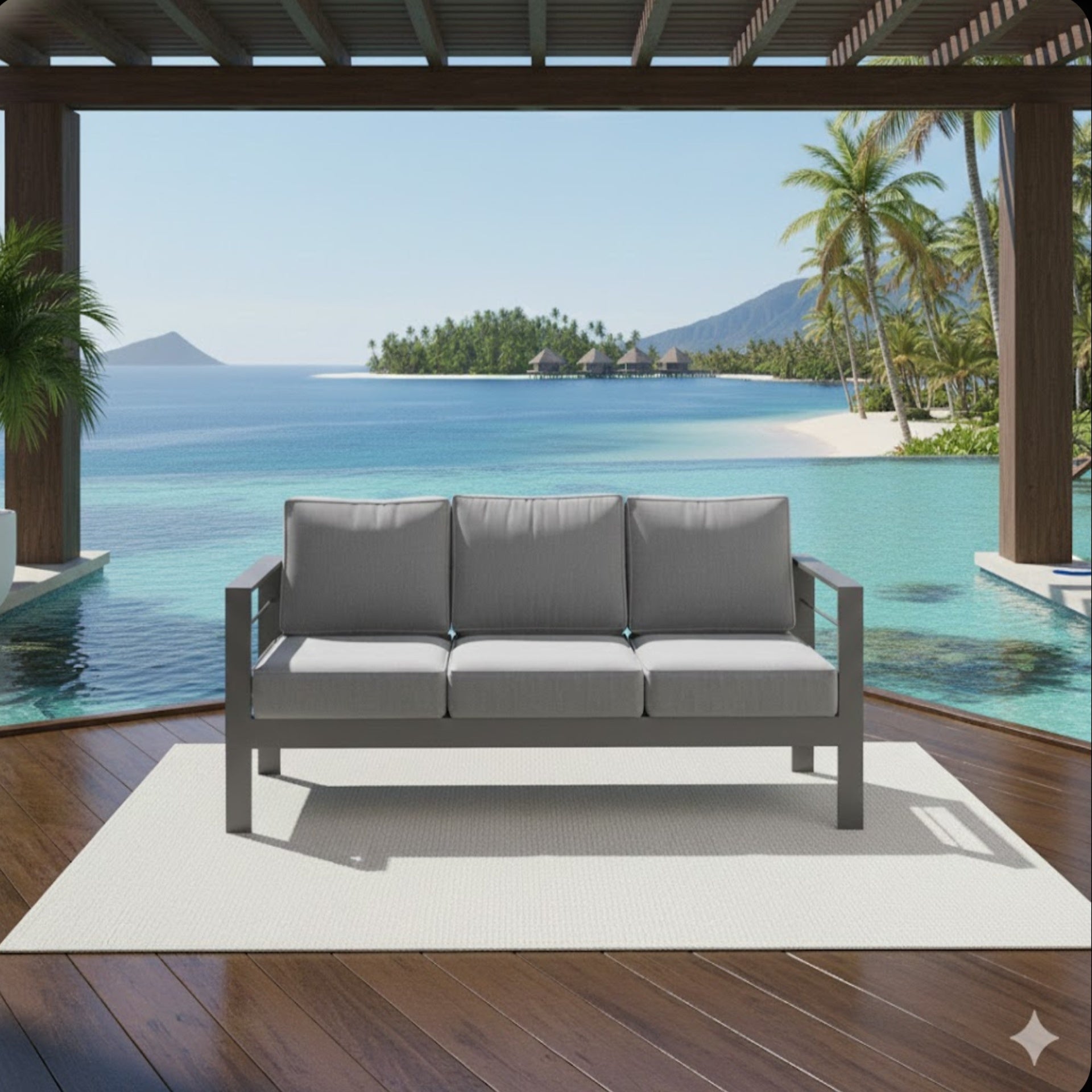 73" All-Weather Aluminum Patio Sofa, 3 Seat Outdoor Couch with  Thick Dark Gray Cushions & Gray Frame
