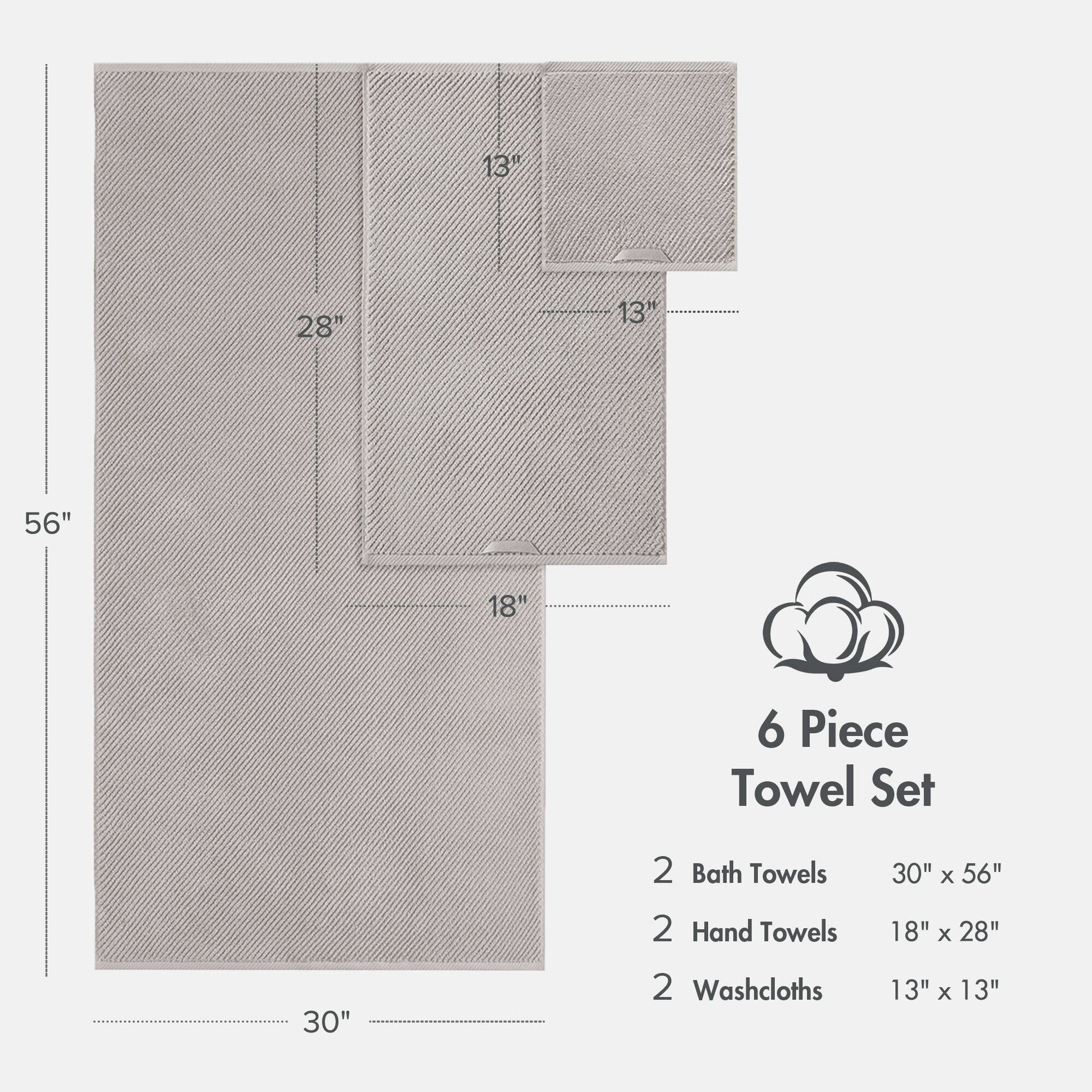 6-Piece 100% Cotton Quick Dry Diagonal Ribbed 6pcs Towel Set, Grey
