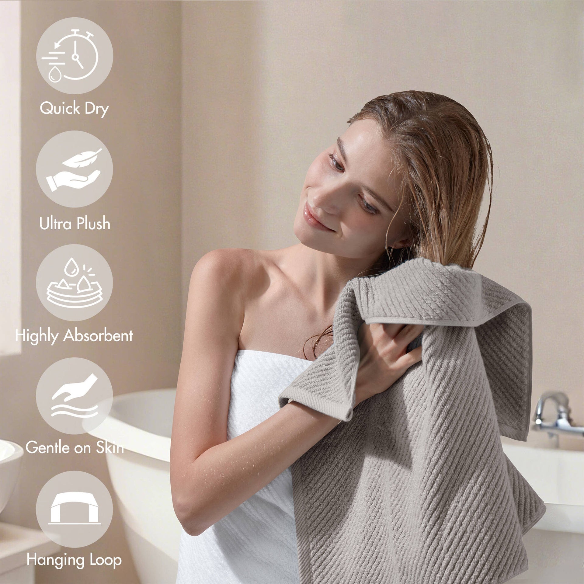 6-Piece 100% Cotton Quick Dry Diagonal Ribbed 6pcs Towel Set, Grey