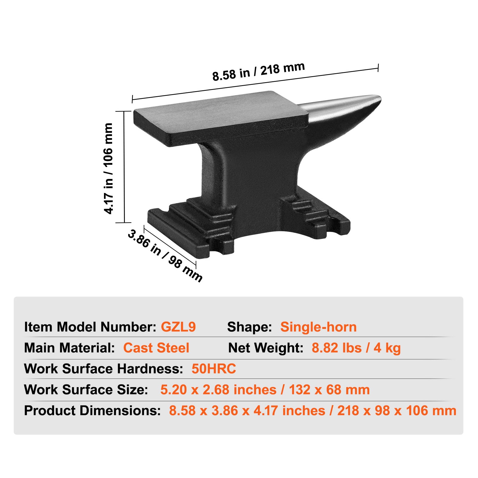 Single Horn Anvil, High Hardness Rugged Round Horn Anvil Blacksmith,8.8Lbs Cast Steel Anvil,Compact Design and Stable Base, Forge Tools and Equipment, Metalsmith Tool for Bending and Shaping